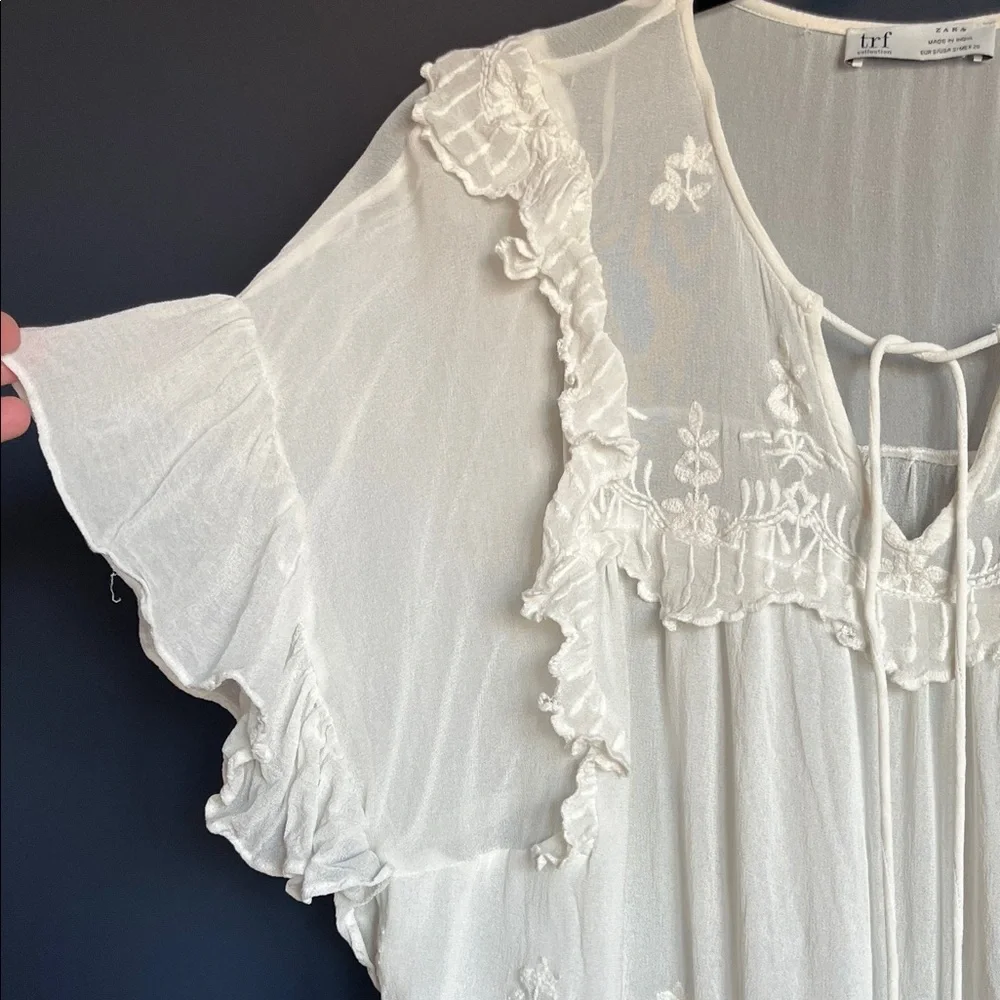 Zara White Ruffled Embroidered Blouse - Picture 9 of 11